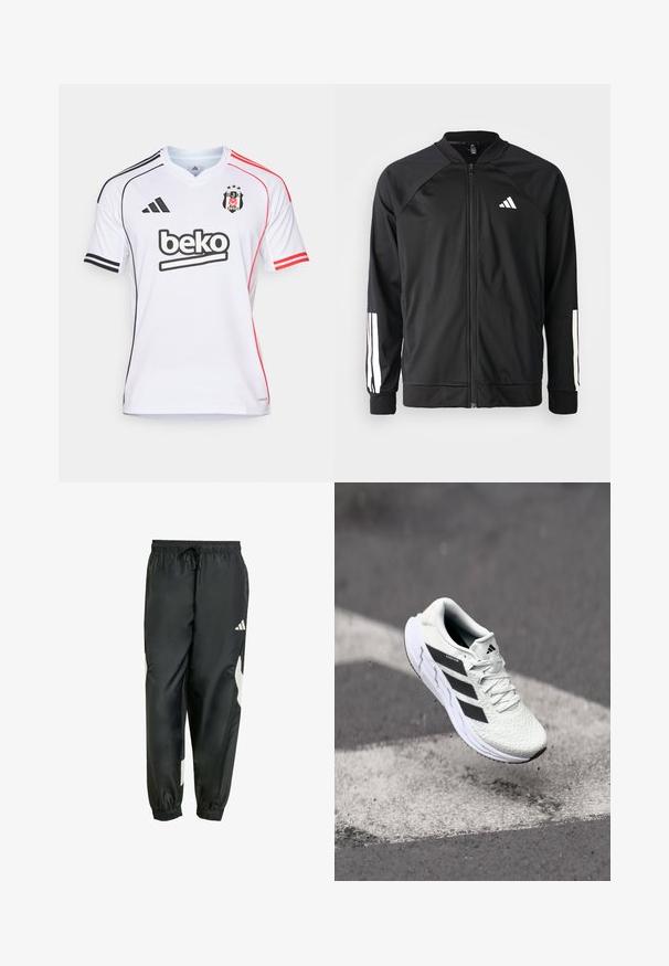 Zwarte sportjack met een rits aan de voorkant, raglanmouwen, wit Adidas-logo en witte strepen op de mouwen. Gladde stof met elastische manchetten.; adidas Performance BESIKTAS 25/26 HOME JERSEY - Fanartikel - white; Zwarte sportbroek met een elastische tailleband, verstelbaar trekkoord en witte zijaccenten. Gemaakt van een gladde, lichte stof.; Witte sportschoen met een textuur van mesh, zwarte strepen, vetersluiting en een gevoerde zool, zwevend boven een gemarkeerd wegoppervlak.