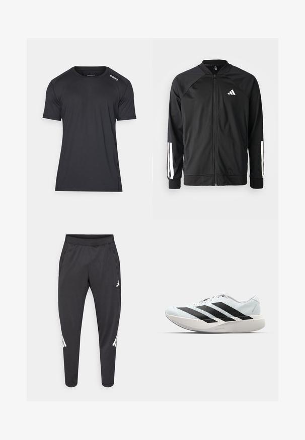 Melna sporta jaka ar priekšējo rāvējslēdzēju, raglanu piedurknēm, baltu Adidas logo un baltām svītrām uz piedurknēm. Gluda auduma sastāvs ar elastīgām aprocēm.; Melns īsām piedurknēm T-krekls, izgatavots no gludas, vieglas auduma. Tam ir apaļa izgriezne un balts "BORG" logo uz pleca.; Melnas sporta bikses ar šaurākiem galiem, elastīgu jostasvietu, sānu kabatām, kā arī baltu logo un svītru detaļām. Izgatavotas no gluda, viegla materiāla.; Gaiši zili vieglie skriešanas apavi ar melniem svītrainiem. Iezīmēti ar gludu augšpusi, apaļu purngalu un biezāko balto vidējo zoli, kurā ir uzraksts "LIGHTSTRIKE PRO."