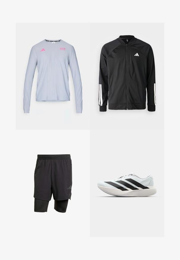 Melna sporta jaka ar priekšējo rāvējslēdzēju, raglanu piedurknēm, baltu Adidas logo un baltām svītrām uz piedurknēm. Gluda auduma sastāvs ar elastīgām aprocēm.; adidas Performance BER25 OTR LS TEE - Tops ar garām piedurknēm - halo silver-coloured; Melni sporta šorti ar iebūvētu iekšējo slāni, izgatavoti no elpojoša auduma. Iekļautas diskrētas logotipa detalizācijas un strukturēta tekstūra. Regulējama jostasvieta.; Gaiši zili vieglie skriešanas apavi ar melniem svītrainiem. Iezīmēti ar gludu augšpusi, apaļu purngalu un biezāko balto vidējo zoli, kurā ir uzraksts "LIGHTSTRIKE PRO."