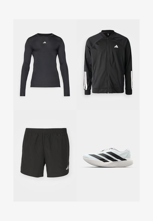 Giacca atletica nera con zip frontale, maniche raglan, logo Adidas bianco e strisce bianche sulle maniche. Tessuto liscio con polsini elasticizzati.; Maglietta atletica nera a maniche lunghe realizzata in materiale liscio e elasticizzato. Presenta un collo rotondo e un discreto logo bianco sul petto.; Pantaloni corti sportivi neri con vita elastica, fessure laterali e dettagli riflettenti del logo. Realizzati in un tessuto leggero e liscio.; Scarpe da corsa leggere di colore azzurro pallido con strisce nere. Presentano una tomaia liscia, punta rotonda e un'ampia intersuola bianca etichettata "LIGHTSTRIKE PRO."