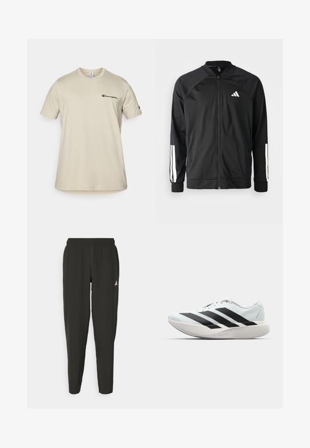 Giacca atletica nera con zip frontale, maniche raglan, logo Adidas bianco e strisce bianche sulle maniche. Tessuto liscio con polsini elasticizzati.; Maglietta beige a maniche corte in cotone, con un logo nero "Champion" sul petto a sinistra e un piccolo logo sulla manica destra.; Pantaloni sportivi neri con elastico in vita, taglio aderente e logo bianco sulla gamba sinistra. Tessuto liscio e leggero.; Scarpe da corsa leggere di colore azzurro pallido con strisce nere. Presentano una tomaia liscia, punta rotonda e un'ampia intersuola bianca etichettata "LIGHTSTRIKE PRO."