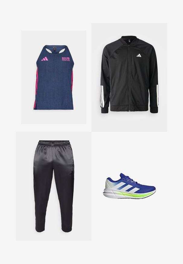Giacca atletica nera con zip frontale, maniche raglan, logo Adidas bianco e strisce bianche sulle maniche. Tessuto liscio con polsini elasticizzati.; adidas Performance BER25 SINGLET - Top - collegiate navy; Pantaloni sportivi neri realizzati in un tessuto leggero e liscio con una vita elastica. Presentano un piccolo logo sul lato sinistro e gambe affusolate.; Scarpa sportiva blu con accentuazioni bianche, tomaia in rete e suola ammortizzata evidenziata da una striscia verde neon. Presenta un design curvo.