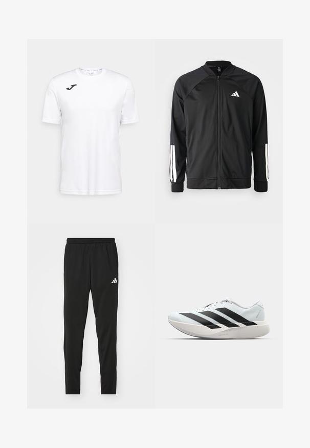 Casaco atlético preto com fecho na frente, mangas raglan, logotipo Adidas branco e riscas brancas nas mangas. Tecido suave com punhos elásticos.; Camiseta atlética de manga curta branca, confeccionada em tecido suave, com um logo preto no lado esquerdo do peito e decote redondo.; Calças de desporto pretas com um cós elástico, design afunilado e um logo branco da Adidas na coxa esquerda. Tecido suave e leve.; Tênis de corrida leves em azul pálido com riscas pretas. Apresentam um cabedal liso, bico redondo e uma entressola espessa branca rotulada como "LIGHTSTRIKE PRO."