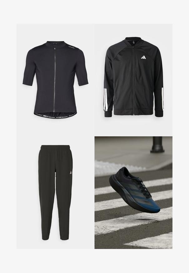 Mustar mustreeritud spordijakk, millel on ees lukuga taskud, raglanvarrukad, valge Adidas logo ja valged triibud varrukatel. Sile kangas elastsete mansettidega.; Must tsüklit-särk lühikeste varrukatega, kõrge kaelusega, ees lukuga ja kontrastsete vöödiga detailidega, millel on kiri "SÕIDA KIIRUSKI ENAM. SÕIDA KAUEM."; Mustavad spordipüksid elastse vöökoha, kitsas lõige ja valge logo vasakul jalal. Sile, kerge kangas.; Must ja sinine spordijalats voolava disainiga, millel on tekstureeritud üliskihiga, kontrastsed triibud ja pehme tallaga, hõljumas asfaldipinna kohal.