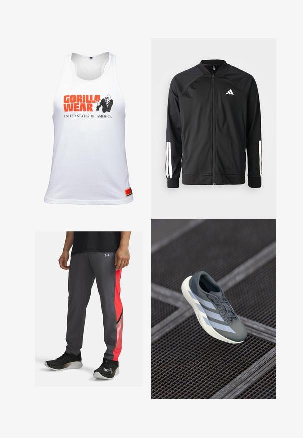 Juodas sportinis džemperis su priekiniais užtrauktukais, raglano stiliaus rankovėmis, balta Adidas logotipu ir baltais juostelėmis ant rankovių. Lygus audinys su elastingomis rankovėmis.; Baltas tankas su didelėmis oranžinėmis raidėmis "GORILLA WEAR", juoda gorilos grafika ir mažesnėmis raidėmis „JAV“ apačioje.; Pilates kelnės pilkos spalvos su raudona šonine juosta ir dryžuotomis detalėmis. Pagamintos iš lengvos medžiagos. Yra logotipas ant klubų ir kišenės.; Sportiniai batai pilkos ir baltos spalvos, pagaminti iš sintetinės medžiagos, su srauniu dizainu, tekstūruota danga ir ryškiu raištelių sistemu.