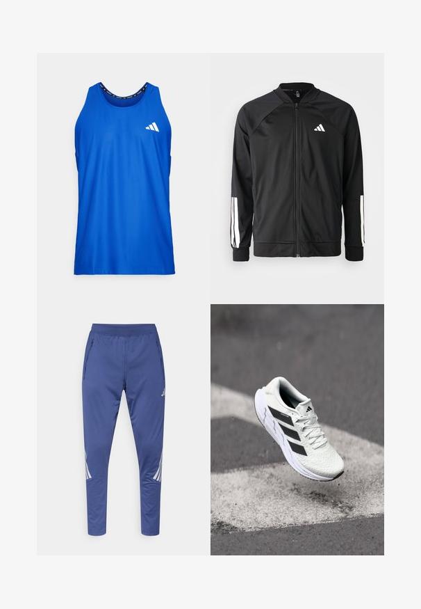 Svart sportjacka med framdraget blixtlås, raglanärmar, vitt Adidas-logotyp och vita ränder på ärmarna. Slät tyg med elastiska mudd.; Blå linne i lätt och andningsbart material. Har rund halsringning, är ärmlös och har en vit logotyp på bröstet.; Blå sportbyxor med en stretchig midjeresår, sidofickor med dragkedja och vita diagonala ränder på sidorna. Tillverkade av ett slätt, lätt material.; Vitt sportskor med strukturerad mesh-överkant, svarta ränder, snörning och en dämpad sula, svävande över en markerad väg.