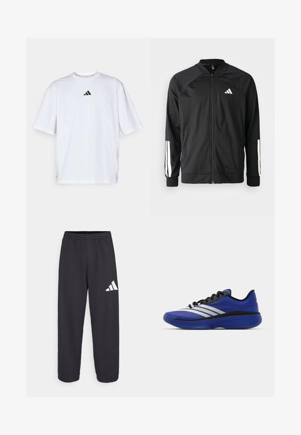 Black athletic jacket with a front zipper, raglan sleeves, white Adidas logo, and white stripes on sleeves. Smooth fabric with elastic cuffs.; White cotton t-shirt featuring a black Adidas logo on the chest, short sleeves, a crew neckline, and side slits at the hem.; Black sweatpants with a relaxed fit, featuring an elastic waistband and a white geometric logo on the left leg. Smooth fabric texture.; adidas Performance ADIZERO SELECT 3.0 - Basketball shoes - lucid blue/core black/metallic