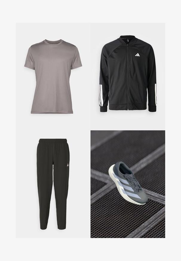 Schwarze Sportjacke mit einem Frontreißverschluss, Raglanärmeln, weißem Adidas-Logo und weißen Streifen an den Ärmeln. Glattes Gewebe mit elastischen Bündchen.; Graues Kurzarm-T-Shirt aus strukturiertem Stoff mit Rundhalsausschnitt und dezentem Logoakzent am Ärmel. Einfaches, sauberes Design.; Schwarze Sporthosen mit elastischem Bund, slim fit und weißem Logo auf dem linken Bein. Glattes, leichtes Material.; Sportsschuh in Grau und Weiß, aus synthetischem Material gefertigt, mit einem schlanken Design, strukturiertem Finish und ausgeprägtem Schnürsystem.