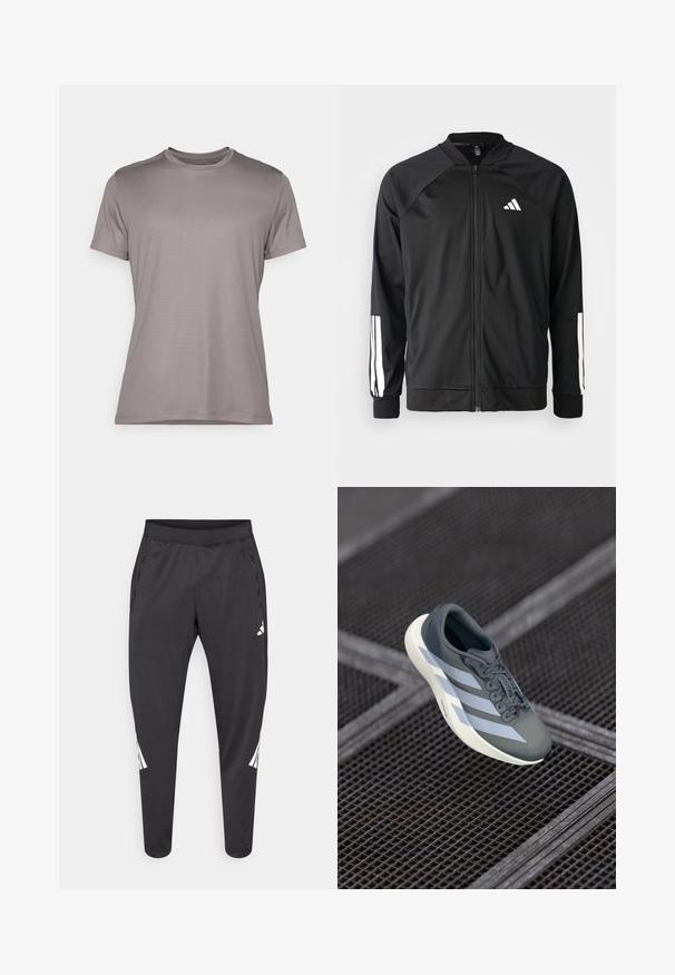 Čierna športová bunda s predným zipsom, raglánovými rukávmi, bielym logom Adidas a bielymi pruhmi na rukávoch. Hladká tkanina s elastickými manžetami.; Šedé tričko s krátkym rukávom vyrobené z textúrovanej látky, s okrúhlym výstrihom a jemným logom na rukáve. Jednoduchý, čistý dizajn.; Čierne športové nohavice so zúženými nohavicami, elastickým pásom, bočnými vreckami a bielym logom a pruhmi. Vyrobené z hladkého, ľahkého materiálu.; Športová obuv v šedej a bielej farbe, vyrobená z umelých materiálov, s aerodynamickým dizajnom, textúrovaným povrchom a výrazným šnurovacím systémom.