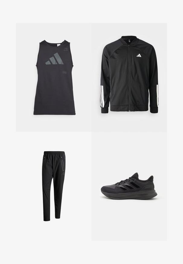 Zwarte sportjack met een rits aan de voorkant, raglanmouwen, wit Adidas-logo en witte strepen op de mouwen. Gladde stof met elastische manchetten.; Zwarte mouwloze sporttop met grijs reflecterend Adidas-logo en tekstaccenten, gemaakt van gladde, lichte stof.; Zwarte sportbroeken met een elastische tailleband, twee ritszakken aan de zijkant, taps toelopende pijpen en een subtiele logo-detail op de heup.; Zwarte sportschoen met een bovenwerk van gestructureerde stof, rubberen zool en drie glanzende zwarte strepen aan de zijkant. Rondneus en gevoerde hak.