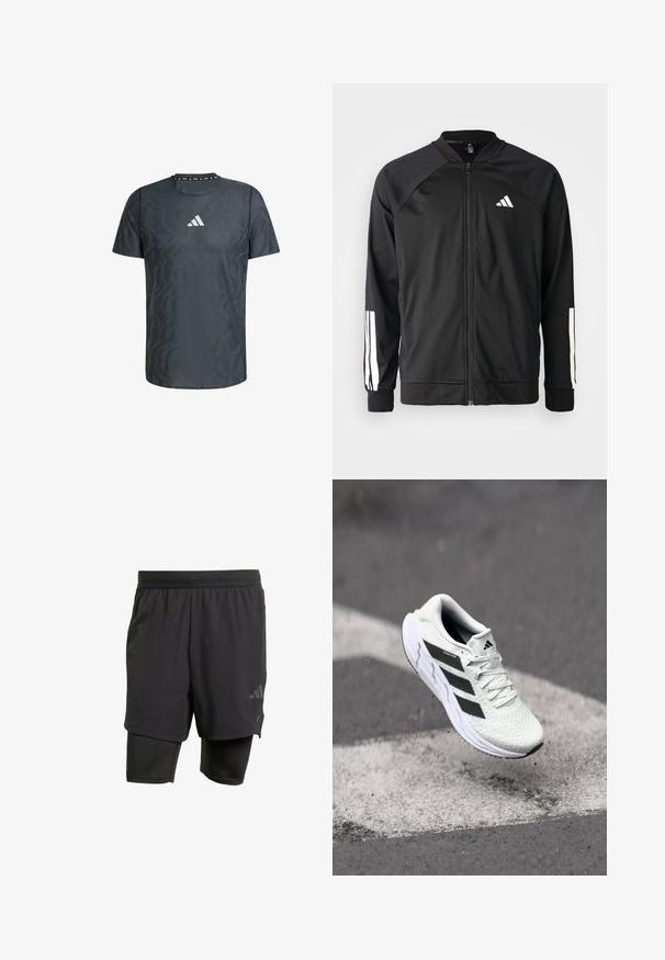 Musta urheilujakku, jossa on vetoketju edessä, raglan-hihat, valkoinen Adidas-logo ja valkoiset raidat hihoissa. Sujuva kangas ja joustavat hihansuut.; T-paita tummanharmaata urheiluvaatetta, jossa on geometrinen kuvio, pyöreä kaula-aukko, lyhyet hihat ja valkoinen logo rinnassa. Silkkinen pinta.; Musta urheilushortsit integroitu sisäkerros, valmistettu hengittävästä kankaasta. Ominaisuuksiin kuuluu huomaamaton logo ja rakenteellinen tekstuuri. Säädettävä vyötärö.; Valkoinen urheilujalkine, jossa on teksturoitu verkkomateriaali, mustat raidat, nauhakiinnitys ja pehmustettu pohja, leijuu merkittyjen tienpintojen yllä.