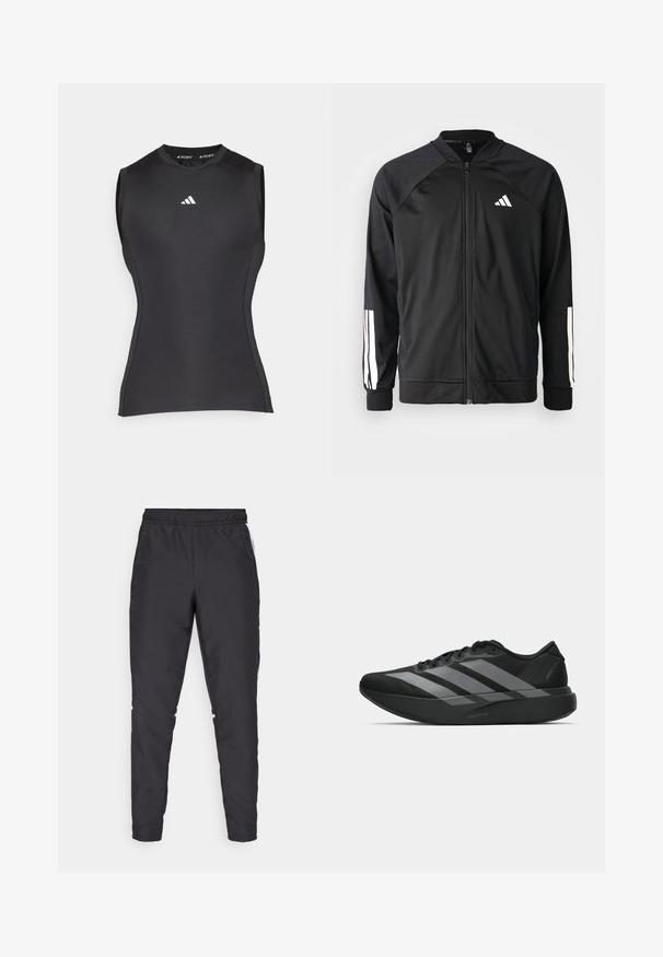 Μαύρο αθλητικό μπουφάν με μπροστινό φερμουάρ, ραγλανικά μανίκια, λευκό λογότυπο Adidas και λευκές ρίγες στα μανίκια. Λείο ύφασμα με ελαστικά μανίκια.; Μαύρο αμάνικο αθλητικό τοπ φτιαγμένο από ελαστικό ύφασμα. Διαθέτει στρογγυλή λαιμόκοψη και ένα μικρό λευκό λογότυπο στο στήθος. Λείο υφασμάτινο τελείωμα.; Μαύρο αθλητικό παντελόνι με ελαστική μέση, στενές γραμμές και λευκές ρίγες στο πλάι. Φτιαγμένο από συνθετικό υλικό με λεία υφή.; Μαύρα αθλητικά παπούτσια με ελαφρύ σχεδιασμό, που διαθέτουν τρεις έντονες γκρίζες ρίγες, λεία υφή και καμπυλωτή σόλα.