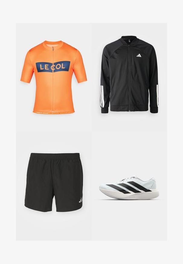 Casaco atlético preto com fecho na frente, mangas raglan, logotipo Adidas branco e riscas brancas nas mangas. Tecido suave com punhos elásticos.; Camisola de ciclismo de manga curta em laranja brilhante com detalhe em azul-marinho e logótipo, fecho éclair frontal completo, textura suave e bainha inferior elástica.; Calças de desporto pretas com cintura elástica, rachas laterais e detalhes reflectores no logótipo. Feitas de um tecido leve e suave.; Tênis de corrida leves em azul pálido com riscas pretas. Apresentam um cabedal liso, bico redondo e uma entressola espessa branca rotulada como "LIGHTSTRIKE PRO."