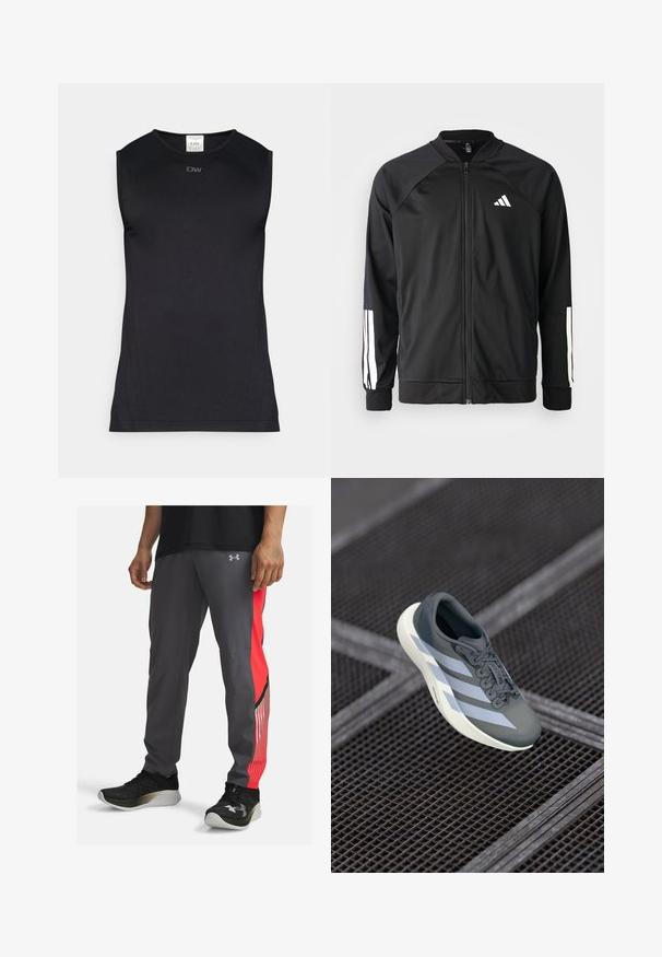 Black athletic jacket with a front zipper, raglan sleeves, white Adidas logo, and white stripes on sleeves. Smooth fabric with elastic cuffs.; Black sleeveless athletic shirt made of smooth, stretchy fabric. Features a round neckline and subtle logo detail at the front.; Athletic pants in gray with a red side panel and striped accents. Made of lightweight material. Features a logo on the hip and pockets.; Sport shoe in gray and white, made of synthetic material, with a streamlined design, textured finish, and prominent lacing system.