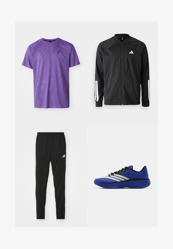 Juodas sportinis džemperis su priekiniais užtrauktukais, raglano stiliaus rankovėmis, balta Adidas logotipu ir baltais juostelėmis ant rankovių. Lygus audinys su elastingomis rankovėmis.; Violet sportinė marškinėliai, pagaminti iš kvėpuojančio tinklelio, su geometriniais raštais, trumpomis rankovėmis ir apvaliu kaklu, akcentuota logotipu.; Juodos sportinės kelnės su elastinga juosmena, siaurėjančiu dizainu ir baltu Adidas logotipu kairiajame šlaunyje. Lygi, lengva medžiaga.; adidas Performance ADIZERO SELECT 3.0 - Krepšinio batai - lucid blue/core black/metallic