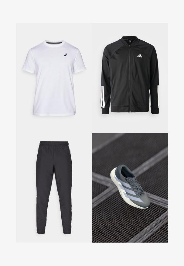 Μαύρο αθλητικό μπουφάν με μπροστινό φερμουάρ, ραγλανικά μανίκια, λευκό λογότυπο Adidas και λευκές ρίγες στα μανίκια. Λείο ύφασμα με ελαστικά μανίκια.; ASICS ROAD GRAPHIC TEE MEN - Μπλουζάκι με στάμπα - brilliant white; Μαύρο αθλητικό παντελόνι με ελαστική μέση, στενές γραμμές και λευκές ρίγες στο πλάι. Φτιαγμένο από συνθετικό υλικό με λεία υφή.; Αθλητικό παπούτσι σε γκρι και λευκό, κατασκευασμένο από συνθετικό υλικό, με κομψό σχεδιασμό, υφή και έντονο σύστημα δέσιμο.