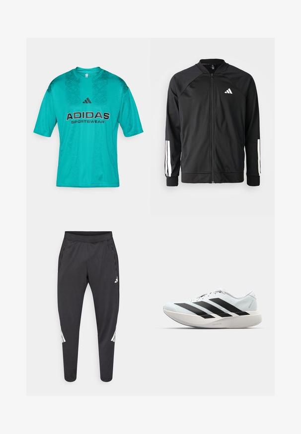 Juodas sportinis džemperis su priekiniais užtrauktukais, raglano stiliaus rankovėmis, balta Adidas logotipu ir baltais juostelėmis ant rankovių. Lygus audinys su elastingomis rankovėmis.; adidas Sportswear TIRO TEE - Marškinėliai su spaudiniu - pure teal/black; Juodos sportinės kelnės su siaurėjančiomis kojų apačiomis, elastine juosmens juosta, šoninėmis kišenėmis bei baltu logotipu ir dryžiais. Pagamintos iš glotnios, lengvos medžiagos.; Lengvi bėgimo batai šviesiai mėlynos spalvos su juodomis juostelėmis. Yra lygus viršus, apvalus pirštas ir storas baltas vidpadis su užrašu "LIGHTSTRIKE PRO."