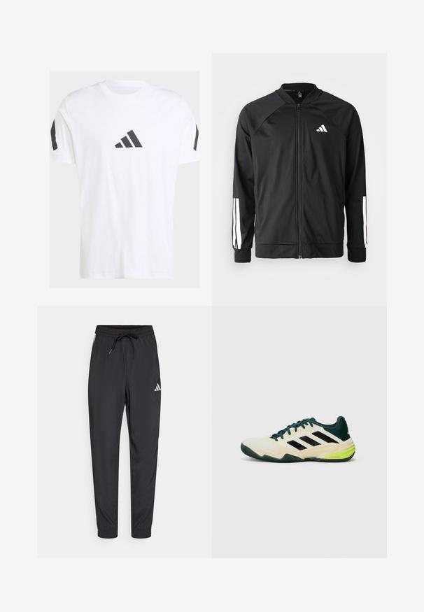 Černá sportovní bunda s předním zipem, raglánovými rukávy, bílým logem Adidas a bílými pruhy na rukávech. Hladká tkanina s elastickými manžetami.; Bílá bavlněná tričko s černým trojúhelníkovým logem na hrudi, černými akcenty na ramenou a klasickým kulatým výstřihem.; Černé sportovní kalhoty vyrobené z lehkého materiálu, s elastickým pasem, šňůrkou na stažení a malým bílým logem na boku.; Tenisové boty s krémovým svrškem, černými pruhy, zelenými akcenty a strukturální gumovou podrážkou pro lepší přilnavost. Vyrobeno ze syntetických materiálů.