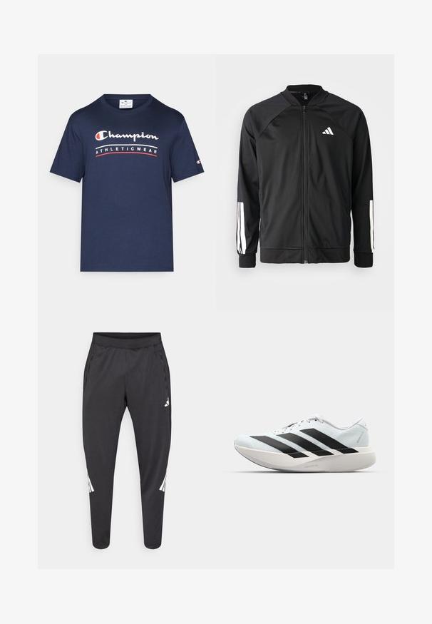 Black athletic jacket with a front zipper, raglan sleeves, white Adidas logo, and white stripes on sleeves. Smooth fabric with elastic cuffs.; Navy blue cotton T-shirt with a crew neckline, featuring white and red "Champion ATHLETICWEAR" text graphic across the chest. Short sleeves.; Black athletic pants with tapered legs, elastic waistband, side pockets, and white logo and stripes detailing. Made from a smooth, lightweight material.; Lightweight running shoes in pale blue with black stripes. Features a smooth upper, round toe, and thick white midsole labeled "LIGHTSTRIKE PRO."