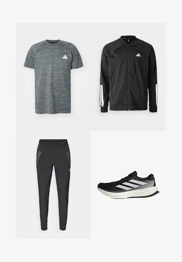 Giacca atletica nera con zip frontale, maniche raglan, logo Adidas bianco e strisce bianche sulle maniche. Tessuto liscio con polsini elasticizzati.; Maglietta atletica grigia con design testurizzato e mélange. Caratterizzata da maniche corte, cuciture delle spalle raglan e un accento con logo bianco.; adidas Performance REAL MADRID TIRO25 PRO VIS TECH TRAVEL PANT - Squadra - black/lucid lemon; Scarpa sportiva nera con design in rete, caratterizzata da strisce bianche, punta arrotondata e suola testurizzata per aderenza e supporto.