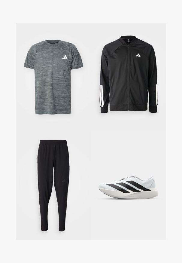 Black athletic jacket with a front zipper, raglan sleeves, white Adidas logo, and white stripes on sleeves. Smooth fabric with elastic cuffs.; Gray athletic T-shirt with a textured, heathered design. Features short sleeves, raglan shoulder seams, and a white logo accent.; Black athletic pants with an elastic waistband, tapered design, side pockets, and subtle logo detail. Made from flexible, breathable fabric.; Lightweight running shoes in pale blue with black stripes. Features a smooth upper, round toe, and thick white midsole labeled "LIGHTSTRIKE PRO."