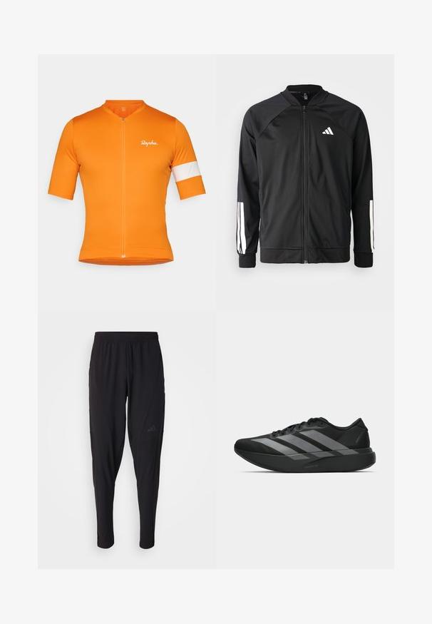 Veste de sport noire avec fermeture éclair à l'avant, manches raglan, logo Adidas blanc et bandes blanches sur les manches. Tissu lisse avec des poignets élastiques.; Maillot de cyclisme à manches courtes en tissu orange vif avec fermeture éclair à l'avant, présentant une bande blanche sur la manche gauche et un logo discret.; Pantalons de sport noirs avec une taille élastique, design fuselé, poches latérales et détail de logo subtil. Fabriqués en tissu flexible et respirant.; Chaussures de sport noires au design léger, présentant trois rayures grises marquées, une texture lisse et une semelle profilée.