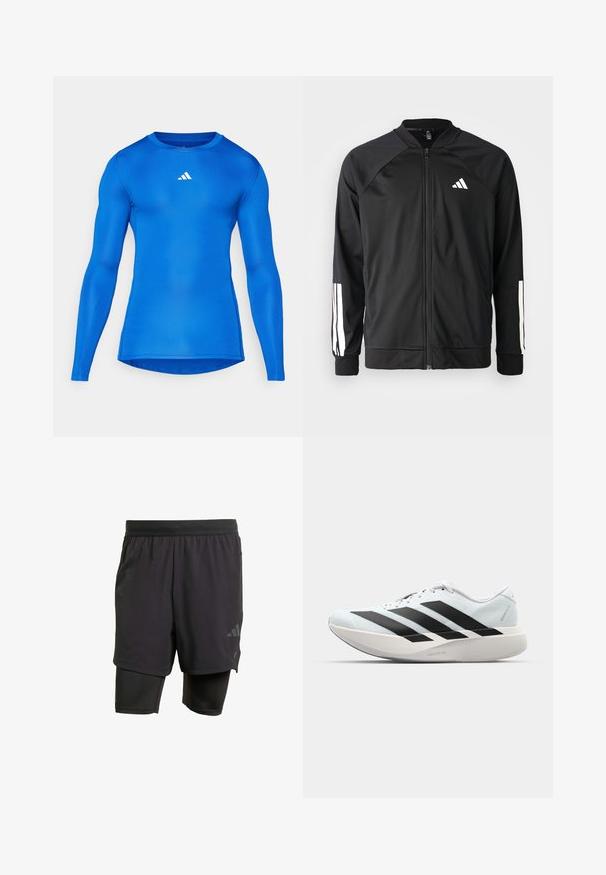 Zwarte sportjack met een rits aan de voorkant, raglanmouwen, wit Adidas-logo en witte strepen op de mouwen. Gladde stof met elastische manchetten.; Blauw sportshirt met lange mouwen, een fitted ontwerp, een gladde textuur, een ronde hals en het witte Adidas-logo op de bovenste linkerborst.; Zwarte sportshorts met geïntegreerde binnenlaag, gemaakt van ademend materiaal. Bevat een subtiele logo en gestructureerde textuur. Verstelbare tailleband.; Lichte hardloopschoenen in lichtblauw met zwarte strepen. Beschikt over een soepele bovenkant, ronde neusstuk en dikke witte tussenzool met het label "LIGHTSTRIKE PRO."