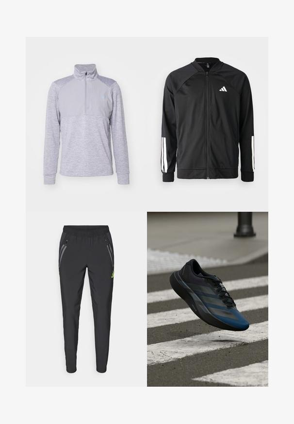 Black athletic jacket with a front zipper, raglan sleeves, white Adidas logo, and white stripes on sleeves. Smooth fabric with elastic cuffs.; Gray pullover with a half-zip collar, featuring a textured body and smooth upper panels. Long sleeves with ribbed cuffs, and logo detail.; adidas Performance REAL MADRID TIRO25 PRO VIS TECH TRAVEL PANT - Club wear - black/lucid lemon; Black and blue athletic shoe with a streamlined design, featuring a textured upper, contrasting stripes, and a cushioned sole, hovering over pavement.