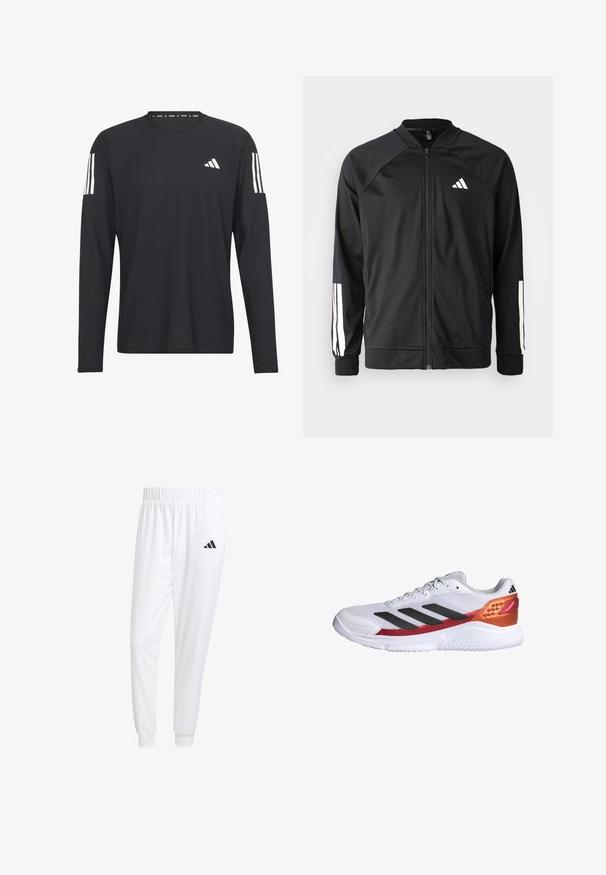 Veste de sport noire avec fermeture éclair à l'avant, manches raglan, logo Adidas blanc et bandes blanches sur les manches. Tissu lisse avec des poignets élastiques.; Chemise noire à manches longues en tissu léger, dotée d'un col rond, d'une surface texturée, et d'un logo à trois bandes blanches sur les manches.; Pantalons de sport blancs en tissu lisse, dotés d'une taille élastique et de poignets ajustés, avec un logo noir sur la poche arrière.; Chaussure de sport blanche avec des rayures noires, une tige en mesh texturée, un accent rouge et orange au talon, et une semelle en caoutchouc blanche.