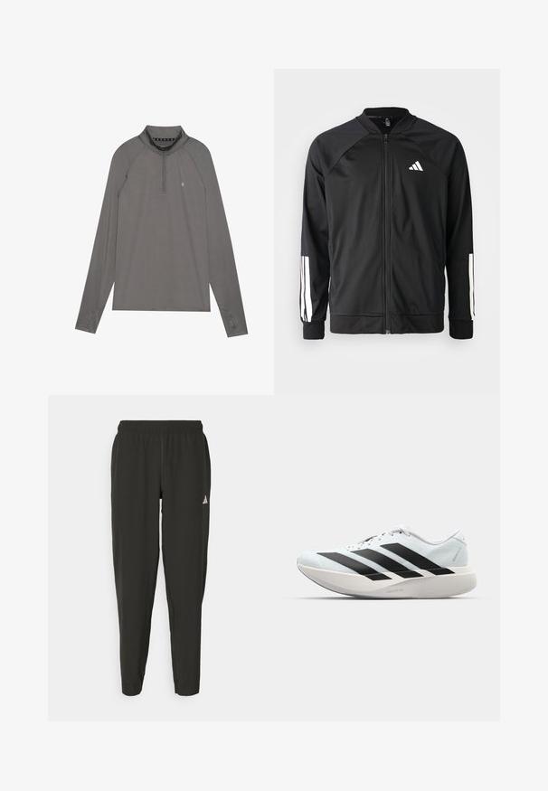 Casaco atlético preto com fecho na frente, mangas raglan, logotipo Adidas branco e riscas brancas nas mangas. Tecido suave com punhos elásticos.; Camisola cinza de mangas compridas com um colarinho de meia-zíp. Apresenta mangas raglan e um logótipo na frente. Feita de um material suave e elástico.; Calças de atletismo pretas com cintura elástica, corte justo e logotipo branco na perna esquerda. Tecido liso e leve.; Tênis de corrida leves em azul pálido com riscas pretas. Apresentam um cabedal liso, bico redondo e uma entressola espessa branca rotulada como "LIGHTSTRIKE PRO."