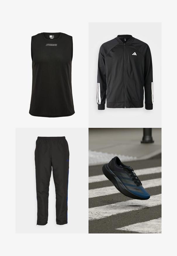 Schwarze Sportjacke mit einem Frontreißverschluss, Raglanärmeln, weißem Adidas-Logo und weißen Streifen an den Ärmeln. Glattes Gewebe mit elastischen Bündchen.; Schwarzes ärmelloses Sportshirt aus weichem, atmungsaktivem Stoff. Verfügt über einen Rundhalsausschnitt und das gestickte "HUMMEL"-Logo in Weiß.; Schwarze Jogginghosen mit blauen Seitenstreifen, elastischem Bund, glatter Textur und schmal zulaufendem Bein. Mit Logo in der Nähe des Bundes.; Schwarz-blauer Sportschuh mit stromlinienförmigem Design, ausgestattet mit einer strukturierten Oberseite, kontrastierenden Streifen und einer gepolsterten Sohle, schwebt über dem Pflaster.