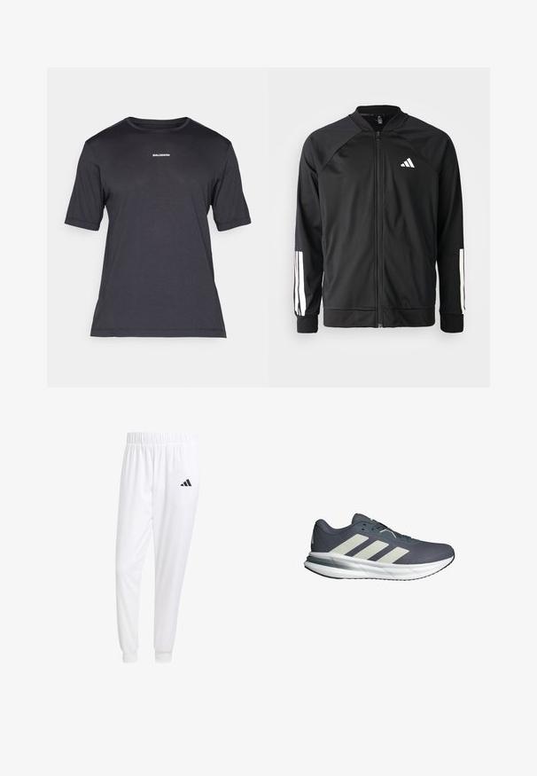 Svart sportjacka med framdraget blixtlås, raglanärmar, vitt Adidas-logotyp och vita ränder på ärmarna. Slät tyg med elastiska mudd.; Svart kortärmad prestandatröja i andningsbart material, med rund halsringning och liten vit "SALOMON"-logotyp på bröstet.; Vita atletiska byxor gjorda av slät tyg, med resårmidja och åtsittande manschetter, samt en svart logotyp på bakfickan.; Idrottsskor med en andningsbar marinblå meshöverdela, tre vita diagonala ränder, en vadderad vit sula och en texturerad grå yttersula.