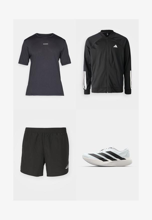 Černá sportovní bunda s předním zipem, raglánovými rukávy, bílým logem Adidas a bílými pruhy na rukávech. Hladká tkanina s elastickými manžetami.; Černé tričko s krátkým rukávem vyrobené z prodyšné tkaniny, s kulatým výstřihem a malým bílým logem "SALOMON" na hrudi.; Černé sportovní šortky s elastickým pasem, bočními rozparky a reflexními akcenty loga. Vyrobené z lehkého a hladkého materiálu.; Lehké běžecké boty v světle modré barvě s černými pruhy. Mají hladký svršek, kulatou špičku a silnou bílou mezipodešev označenou "LIGHTSTRIKE PRO."