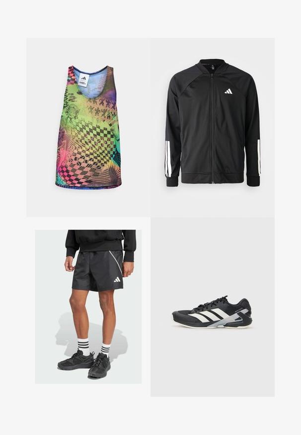 Chaqueta deportiva negra con cremallera frontal, mangas raglán, logo de Adidas en blanco y rayas blancas en las mangas. Tejido suave con puños elásticos.; Top de tirantes multicolor con patrones geométricos vibrantes, incluyendo tableros de ajedrez y espirales, en tonos de verde, rosa, azul y púrpura.; Pantalones cortos deportivos negros con una franja diagonal blanca y el logo de Adidas. Llevados con zapatillas negras y calcetines blancos con tres franjas negras.; Zapatilla deportiva negra con franjas blancas, parte superior de malla, punta redondeada y suela acolchada. Presenta un talón texturizado y un sistema de cordones seguro.