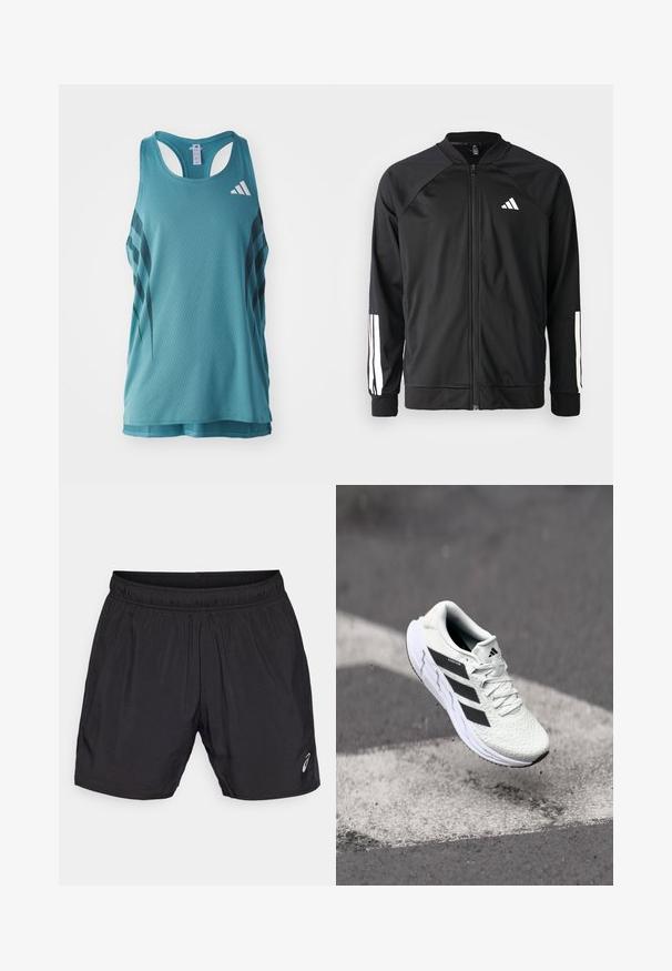 Černá sportovní bunda s předním zipem, raglánovými rukávy, bílým logem Adidas a bílými pruhy na rukávech. Hladká tkanina s elastickými manžetami.; Světle tyrkysový sportovní tílko s texturovaným síťovaným vzorem, s černými diagonálními pruhy a bílým logem v horním levém rohu.; Černé sportovní šortky vyrobené z lehkého materiálu, s elastickým pasem a malým logem v dolním levém rohu.; Bílé sportovní boty s texturovanou síťovinou, černými pruhy, šněrováním a polstrovanou podrážkou, levitující nad vyznačeným povrchem silnice.