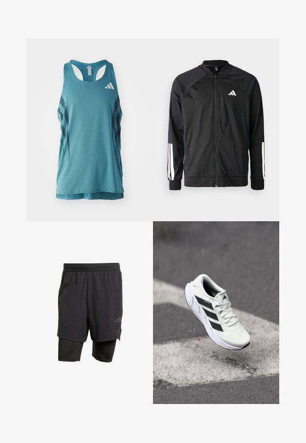 Černá sportovní bunda s předním zipem, raglánovými rukávy, bílým logem Adidas a bílými pruhy na rukávech. Hladká tkanina s elastickými manžetami.; Světle tyrkysový sportovní tílko s texturovaným síťovaným vzorem, s černými diagonálními pruhy a bílým logem v horním levém rohu.; Černé sportovní šortky s integrovanou vnitřní vrstvou, vyrobené z prodyšné tkaniny. Obsahují nenápadné logo a strukturovanou texturu. Nastavitelný pas.; Bílé sportovní boty s texturovanou síťovinou, černými pruhy, šněrováním a polstrovanou podrážkou, levitující nad vyznačeným povrchem silnice.