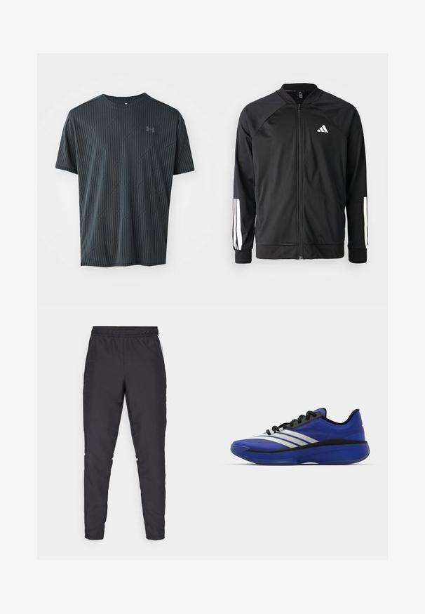 Crna sportska jakna s prednjim zatvaračem, raglan rukavima, bijelim Adidas logom i bijelim prugama na rukavima. Glatka tkanina s elastičnim manžetama.; Crna kratkodlaka atletska majica s teksturiranim dijagonalnim prugama i okruglim izrezom. Ima mali logo sprijeda.; Crne atletske hlače s elastičnim strukom, sužavajućim nogavicama i bijelim bočnim naglascima. Izrađene od sintetičkog materijala s glatkom teksturom.; adidas Performance ADIZERO SELECT 3.0 - Obuća za košarku - lucid blue/core black/metallic