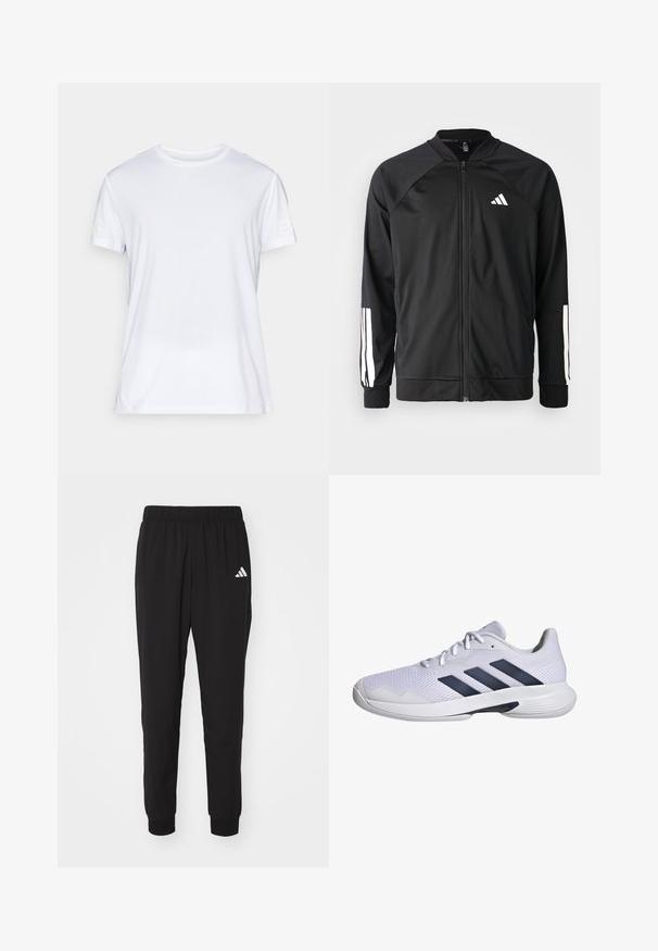 Black athletic jacket with a front zipper, raglan sleeves, white Adidas logo, and white stripes on sleeves. Smooth fabric with elastic cuffs.; White short-sleeve t-shirt made from lightweight fabric. Features a crew neck and a subtle textured pattern. Logo printed on the sleeve.; Black athletic pants with an elastic waistband, cuffed ankles, and white Adidas logo on the left thigh. Made from lightweight, smooth fabric.; White athletic shoe with breathable mesh upper, navy blue three-stripe design, textured sole, and a rounded toe for added stability.