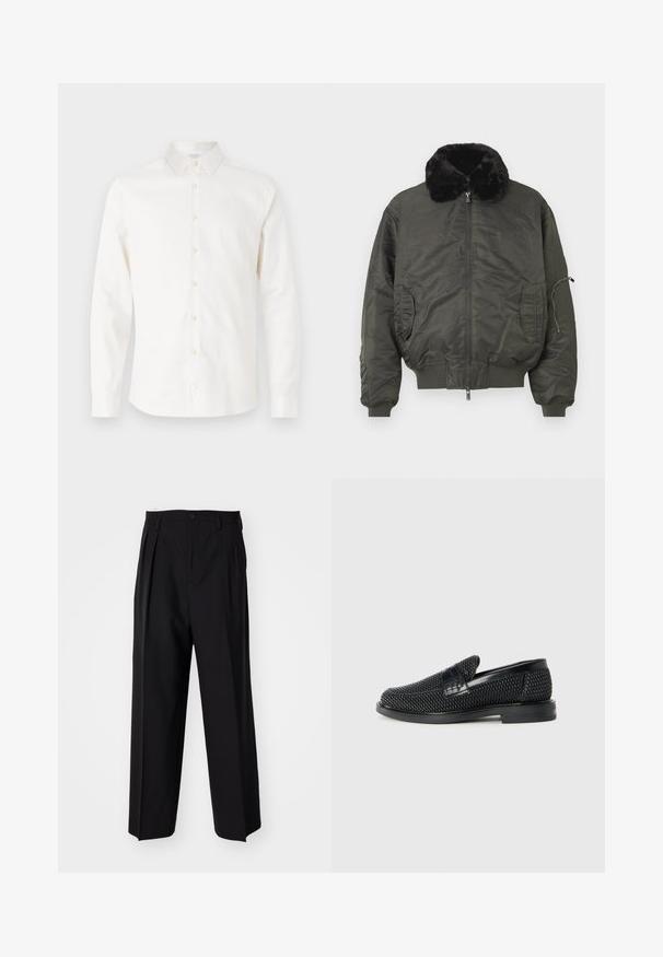 Oliwkowa kurtka bomberka z futrzanym kołnierzem, zapinana na zamek z przodu, ze ściągaczami na mankietach i u dołu oraz z bocznymi kieszeniami i kieszenią na zamek na rękawie.; Tiger of Sweden FILBRODIE beżowy; Czarne plisowane spodnie o prostym, szerokim kroju nogawek. Wykonane z gładkiego materiału, z zapięciem na guzik i pętelkami na pasek.; Czarny, pleciony but wsuwany z gładkim skórzanym akcentem na cholewce, o okrągłym nosku i niskoprofilowej gumowej podeszwie.