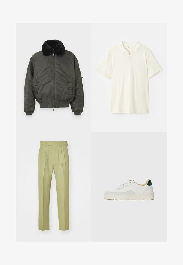 Olivengrønn bomberjakke med faux fur-krage, glidelås foran, ribbestrikkede mansjetter og hem, samt sidelommer med en glidelåslomme på armen.; Kremfarget polo skjorte med klassisk krage, korte ermer og en lett v-splitt ved halsåpningen. Glatt tekstur og minimal design.; Bukser i lys grøn, lavet af blødt stof, med høj talje, dobbelte plisseringer og lige ben med en skræddersyet finish.; Hvit sneakers med semsket detaljer, rund tå, flate snøringer og en kremfarget gummisåle. Har grønn merking på hælen.