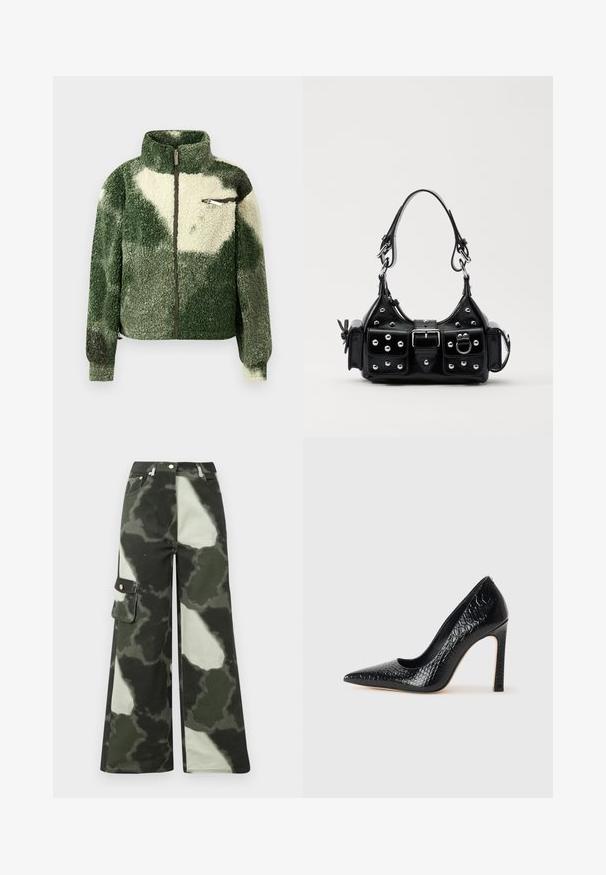 Chaqueta de fleece verde y crema con un alto cuello, cierre de cremallera completo y bolsillo en el pecho con cremallera. Presenta una superficie texturizada y suave.; Suéter negro de manga larga con cuello de tortuga, con puños y dobladillo acanalados, exhibido sobre un fondo blanco liso.; Pantalones cargo de pierna ancha en un patrón de camuflaje gris claro y verde oscuro. Presentan un bolsillo lateral y un botón de metal, fabricados en un material de algodón duradero.; Zapato de tacón alto negro con punta afilada y textura de piel de cocodrilo, que presenta un diseño elegante, un alto tacón de aguja y un interior negro suave.; Bolso de mano de cuero negro con un diseño curvado, que cuenta con tachuelas plateadas, una hebilla y dos bolsillos laterales. Correa ajustable para opciones de transporte.