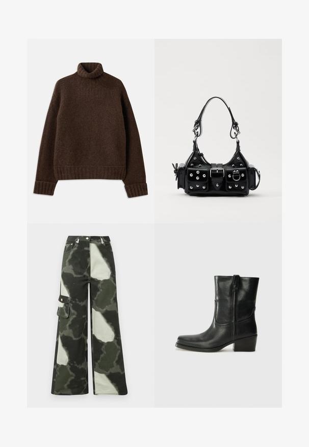 Green and cream fleece jacket with a high collar, full zip closure, and zip chest pocket. Features a textured, plush surface.; Brown turtleneck sweater with a textured knit pattern. Features ribbed cuffs and hem, and a slightly loose fit. Soft, cozy material.; Wide-leg cargo pants in dark green and light gray camo pattern. Features side pocket and metal button, made from durable cotton material.; Black leather ankle boot with a rounded toe, block heel, side zipper, and stitching accents on the vamp. Smooth texture, classic design.; Black leather handbag with a curved design, featuring silver studs, a buckle, and two side pockets. Adjustable strap for carrying options.