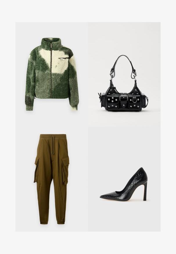 Grøn og creme fleecejakke med høj krave, fuld lynlås og lynlåslomme på brystet. Har en tekstureret, blød overflade.; Grå ribbet top med en tætsiddende design, brede armhuller og en rund halsudskæring. Fremstillet af blødt bomuldsstof med en glat tekstur.; Olivengrønne joggerbukser med snøre i taljen, to store cargo-lommer med klapper på hver side, og ribbede ankler.; Sorte spidse tå stiletto-sko i krokodilleskind med et strømlinet design, høj hæl og glat sort inderside.; Sort læderhåndtaske med et buet design, prydet med sølvfarvede nitter, en spænde og to sidelommer. Justerbar rem til forskellige bære muligheder.