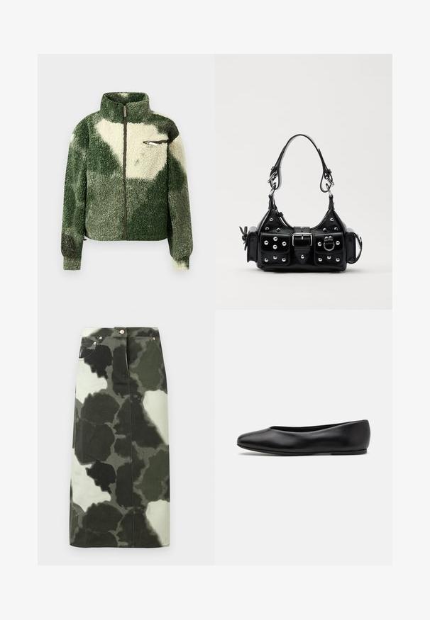 Zelena in kremna flis jakna z visokim ovratnikom, polnim zadrgo in žepom z zadrgo na prsih. Ima teksturirano, puhasto površino.; Dolga majica v svetlo bež barvi s okroglim izrezom. Narejena iz mehkega materiala, ima osrednji šiv in rahlo ukrivljen rob. Ni vidnih elementov.; Denim krilo s kamuflažnim vzorcem v temno zeleni in črni barvi, z visokim pasom, štirimi žepi in kovinskimi detajli. Srednje dolžine in ravne oblike.; Paul Smith TOPANGA - Balerinke - black; Črna usnjena torbica s ukrivljenim dizajnom, ki vsebuje srebrne žebljičke, zaponko in dve stranski žepki. Nastavljiv trak za različne možnosti nošenja.