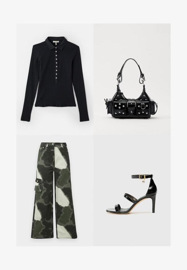 Green and cream fleece jacket with a high collar, full zip closure, and zip chest pocket. Features a textured, plush surface.; Black long-sleeve polo shirt with a ribbed texture, button-down front closure, and slim fit design. Features a classic collar and side slits.; Wide-leg cargo pants in dark green and light gray camo pattern. Features side pocket and metal button, made from durable cotton material.; Black patent leather sandal with three straps, ankle buckle, and 4-inch stiletto heel. Features gold hardware detail and logo charm.; Black leather handbag with a curved design, featuring silver studs, a buckle, and two side pockets. Adjustable strap for carrying options.