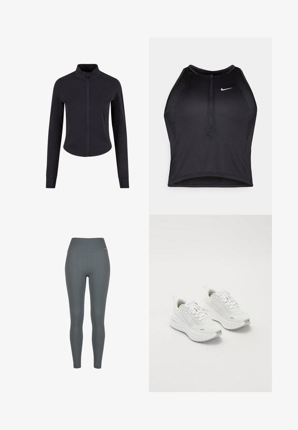Mans svart zip-jacka med hög krage, långa ärmar, slim fit, slät textur och utan synliga logotyper eller mönster.; Svart atletisk crop top med dragkedja framtill, nätdetaljer och en figurnära design. Tillverkad av elastiskt, andningsbart material. Nike-logga på framsidan.; Ribbade leggings i mörkgrå färg, med hög midja, elastiskt material och en åtsittande design. Inga synliga logotyper eller mönster.; Vita atletiska skor med en texturerad mesh-övre, dämpad sula och diskreta grå accenter. Inkluderar logotyp och slinga vid hälen för lätt påtagning.