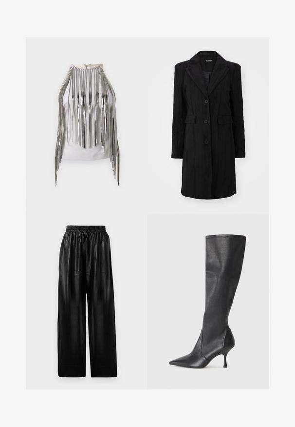 Svart lång kappa med slagkrage, treknapplås, två framfickor och ett texturerat tyg med vertikala linjer.; Vit ärmlös topp med långa silverfärgade metalliska fransar längs sidorna och halslinjen, vilket skapar en slående kontrasterande textur och utseende.; Svarta läder byxor med vida ben och elastisk midja, som har två sidfickor och en slät, glänsande yta.; Knähöga svarta läderstövlar med spetsig tå och smal stilettklack. Slät textur med en åtsittande design och sömnad vid övre kanten.