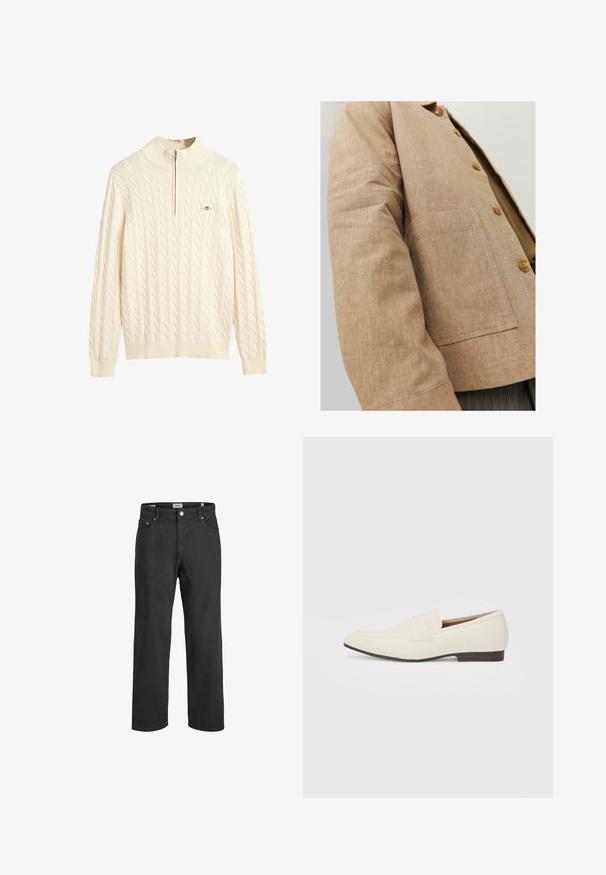 Brun linnejacka med en enkel design, som har en krage, knappar och en patchficka på framsidan. Mjuk textur och skräddarsydd form.; Krämfärgad kabelstickad tröja med hög krage och halvmatchande dragkedja; har ribbade manschetter och nederkant, mjuk textur och logotypdetalj.; Svarta rak benen jeans i bomull, med en klassisk femfickorsdesign, knappstängning och subtila sömnadsdetaljer.; Ljust beige loafer-skor med spetsig tå, slätt material, ett band över framfoten och en låg brun sula. Enkelt design med minimala dekorationer.