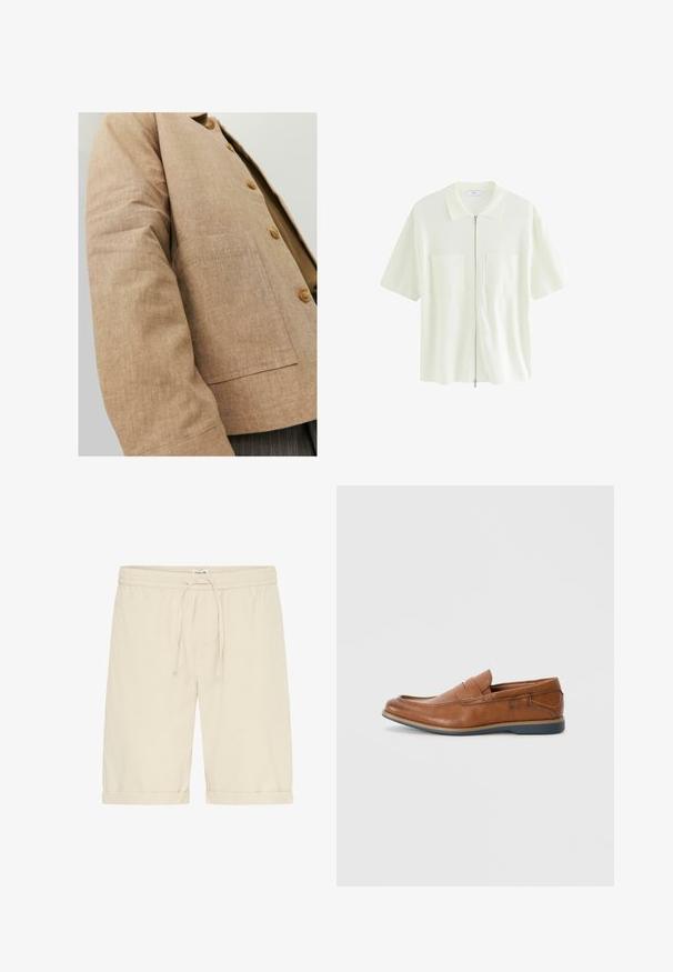 Brun linnedjakke med et enkelt design, der har krave, knapper og en påsyet lomme foran. Blød tekstur og skræddersyet form.; Kortærmet, hvid zip-shirt lavet af struktureret stof, med krave og to forlommer med firkantede klapper.; Beige bomuldsshorts med elastisk talje og snøre. Opkrøllede kanter og en glat tekstur med minimalistiske designdetaljer.; Brune læder loafers med rund tå, syninger og en lav gummisål. Designet har en rem over vristen.