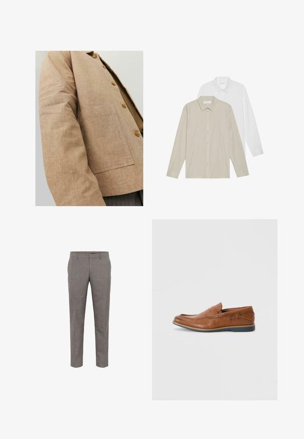 Rudas lininis švarkas su paprastu dizainu, turintis apykaklę, mygtukus ir kišenę šoninėse. Minkšta tekstūra ir pritaikyta forma.; Du dušo su ilgomis rankovėmis: viena balta, o kita smėlinė su plonomis vertikaliomis juostelėmis. Abi turi mygtukus prisisegantius apykakles ir rankoves.; Pilki, pritaikyti kelnių modeliai pagaminti iš tekstūruotos medžiagos, turintys siaurą siluetą, šonines kišenes ir plokščio priekio dizainą.; Rudoni odiniai loaf'eriai su apvalia nosimi, siuvinėtomis detalėmis ir žema guminėmis pakulne. Dizainas turi juostą per viršutinę dalį.